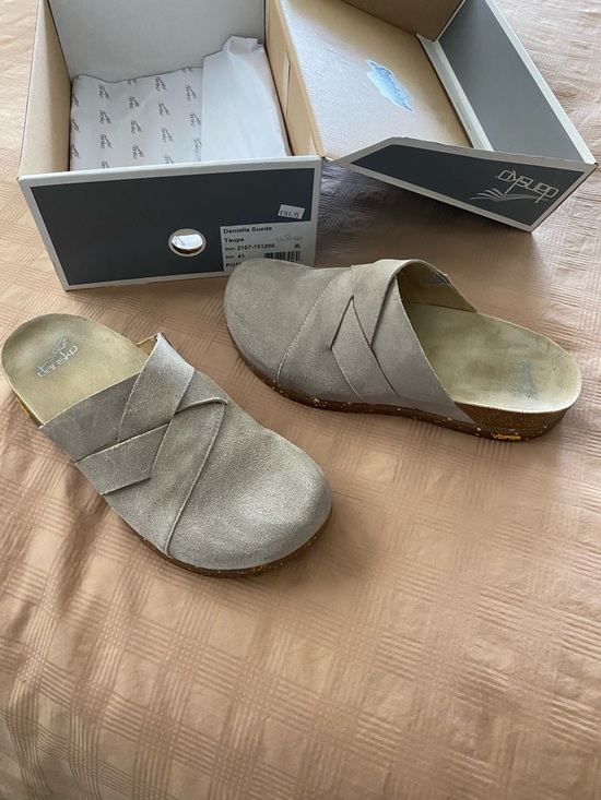 Dansko Taupe Suede Cross-Strap Slip-On Clog - Picture 4 of 6